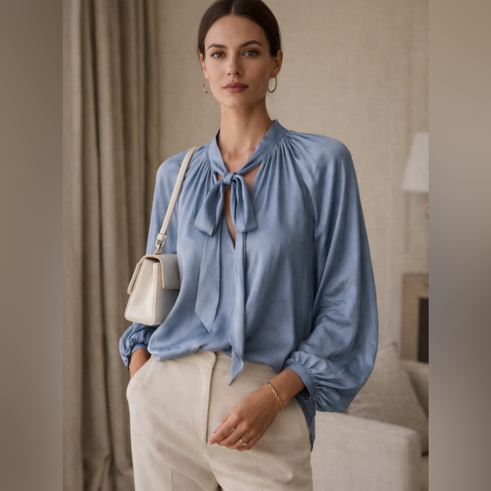 Ramy Brook Paris Silk-Look Tie Neck Blouse | Size L | Quiet Luxury Work Top